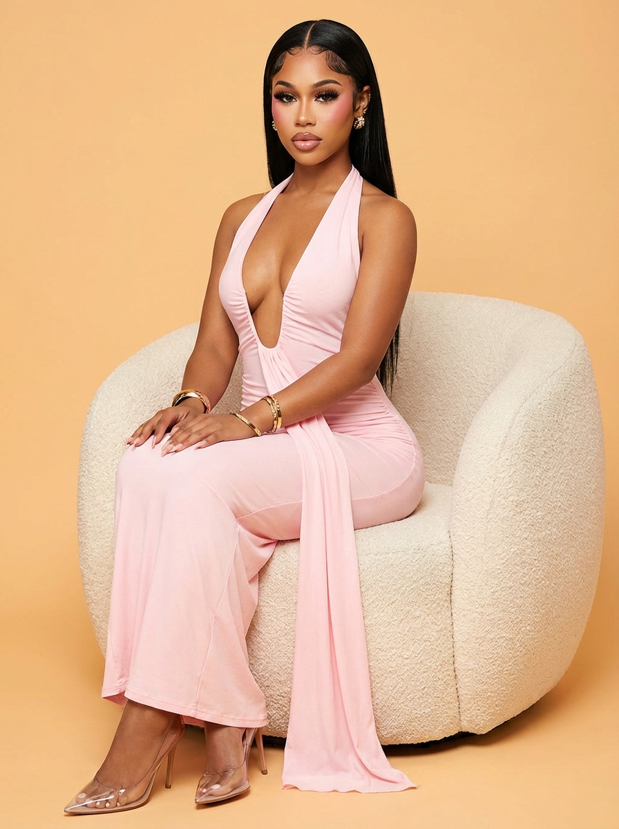Jay Royale seated in a pink dress against a warm brand backdrop